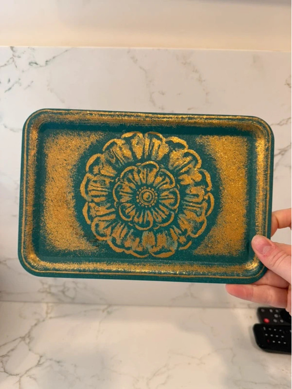 Vintage Roman Acanthus Medallion Teal Gold Metal Decorative Tray
